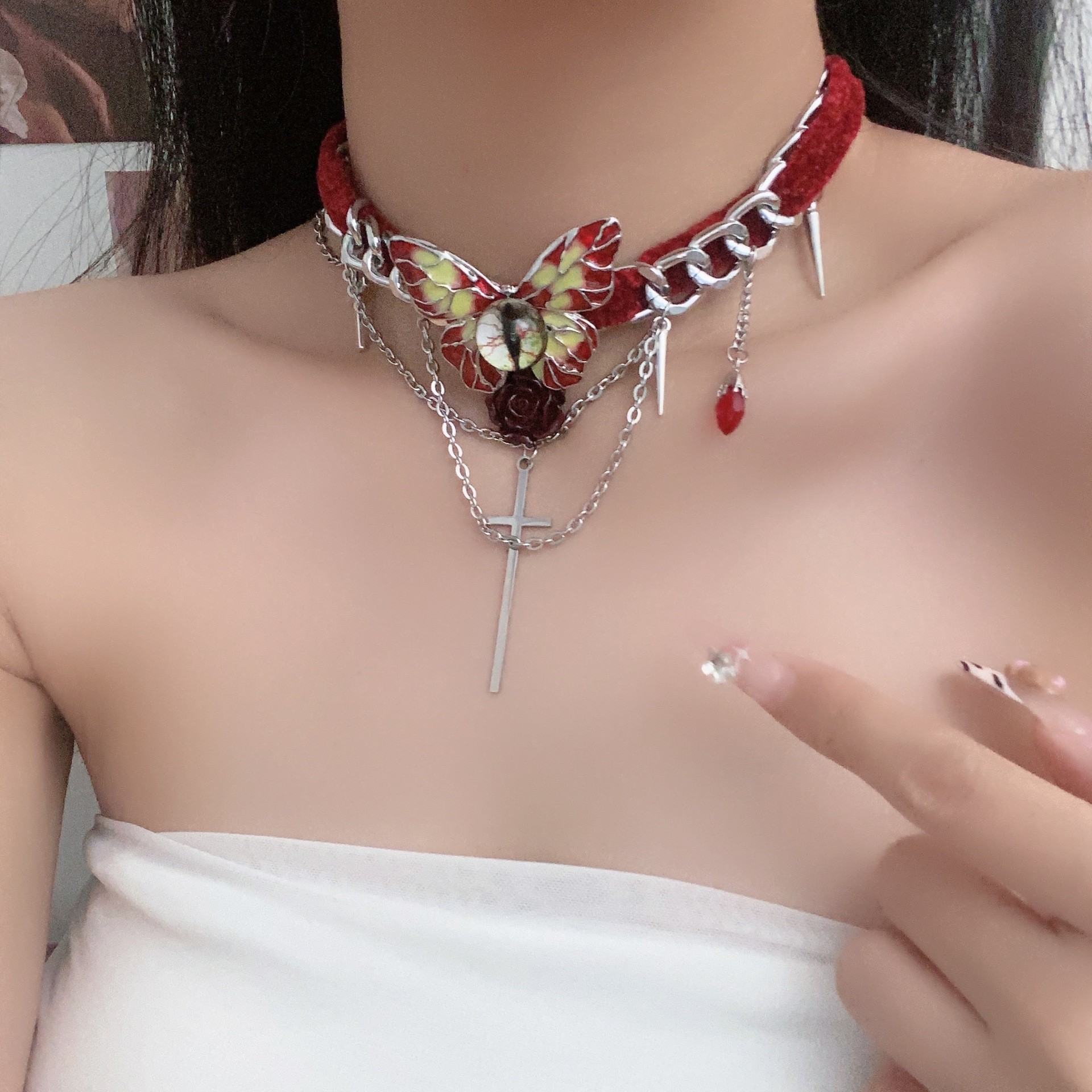 合金布艺项链 X0209暗黑朋克风十字架蝴蝶项圈辣妹风choker女小众
