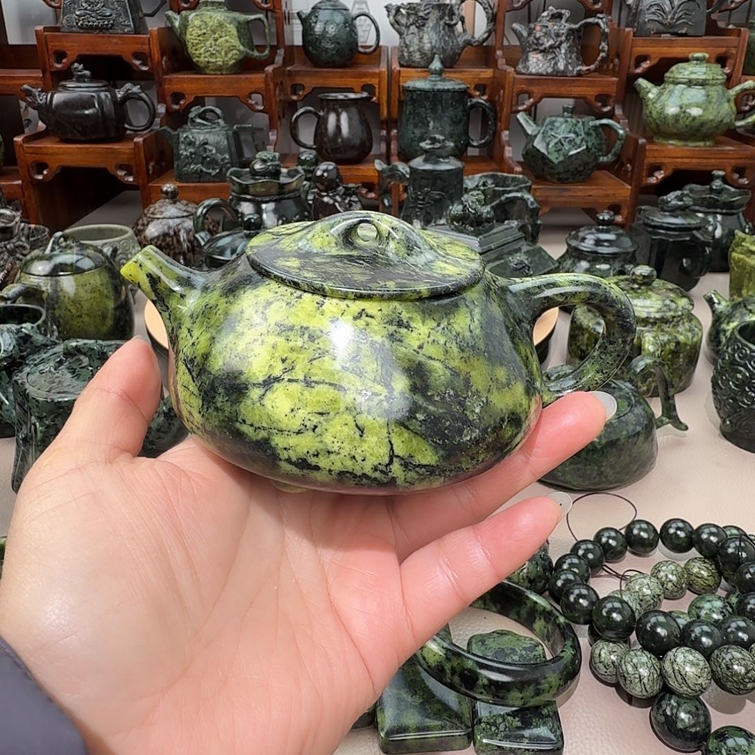 然***蛇纹石玉未镶嵌藏玉药王石茶壶