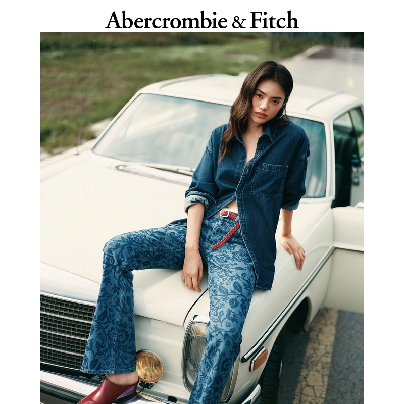 AF女装25秋冬新款美式百搭中腰花卉图案修身微喇牛仔裤KI155-6296