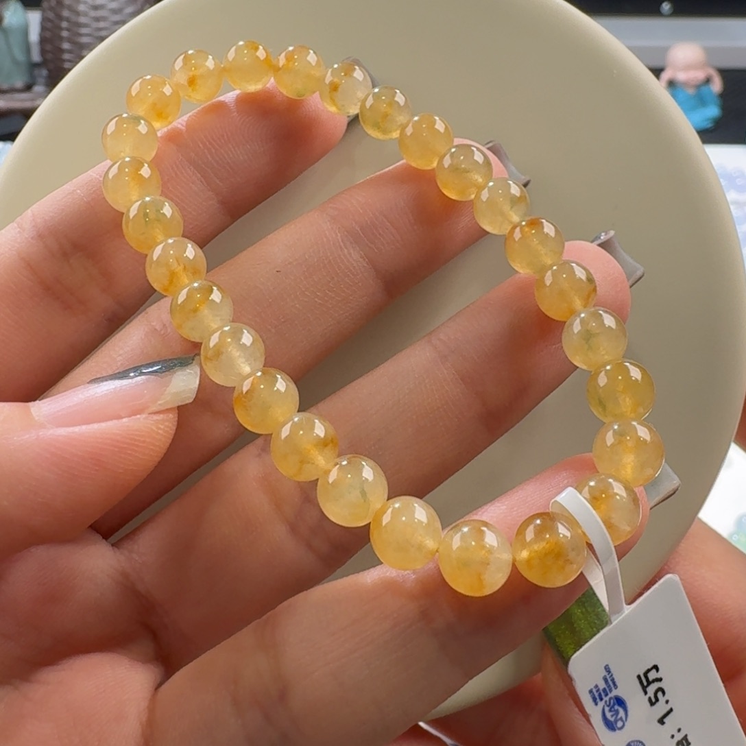 翡翠手链未镶嵌朴*柴金吉黄飘绿花手串卡6.8 强推！