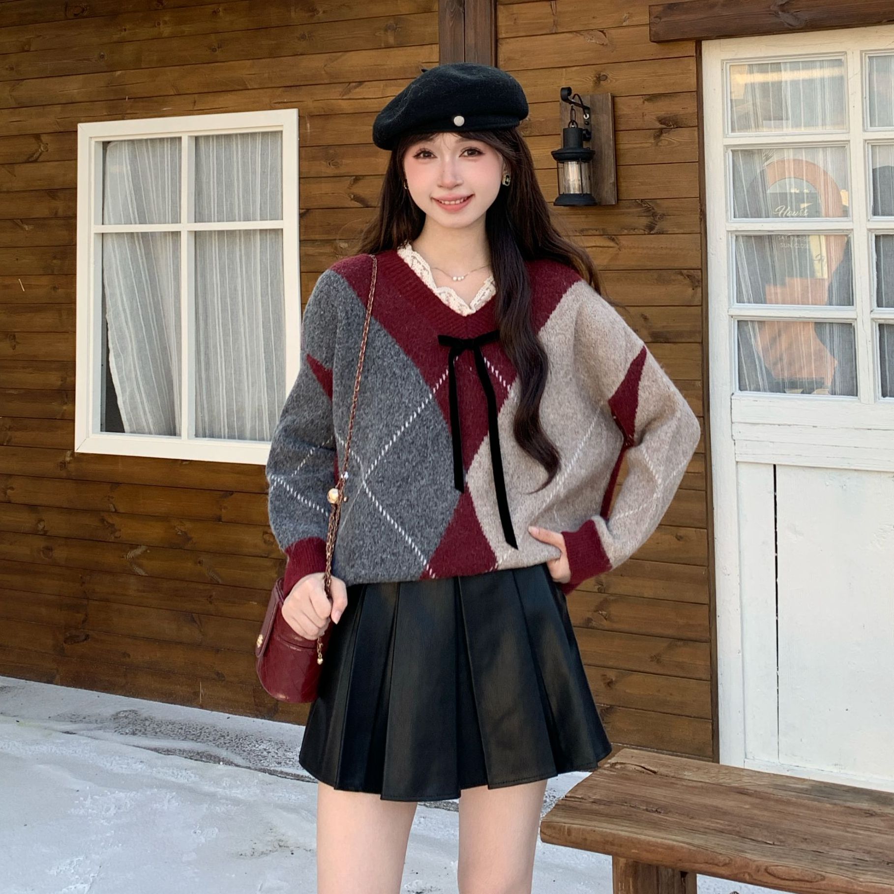 慕兔法式甜美洋气拼接V领针织衫女2025秋季新款百搭时尚长袖上衣