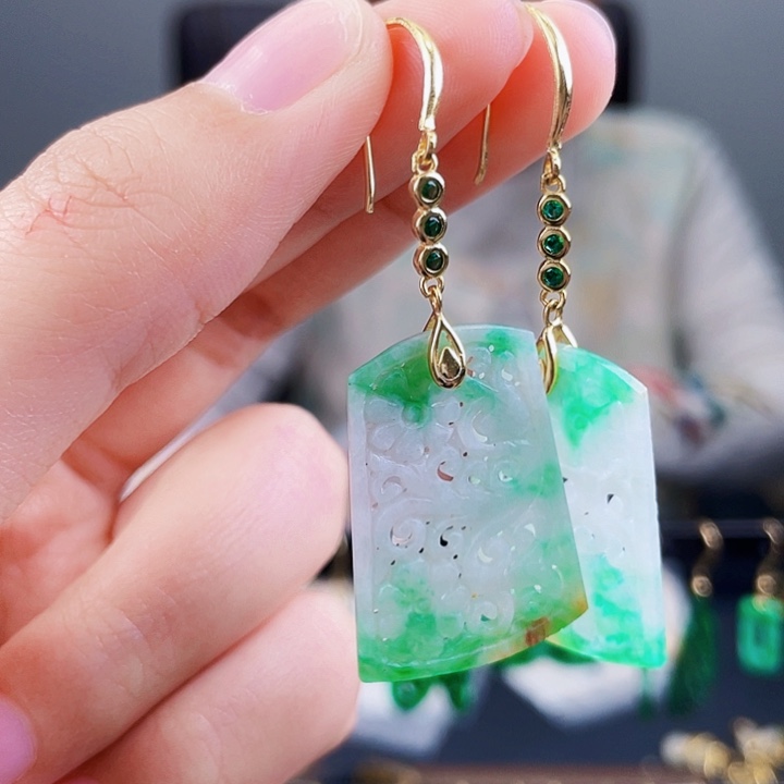 翡翠耳饰银S925镶嵌饰品