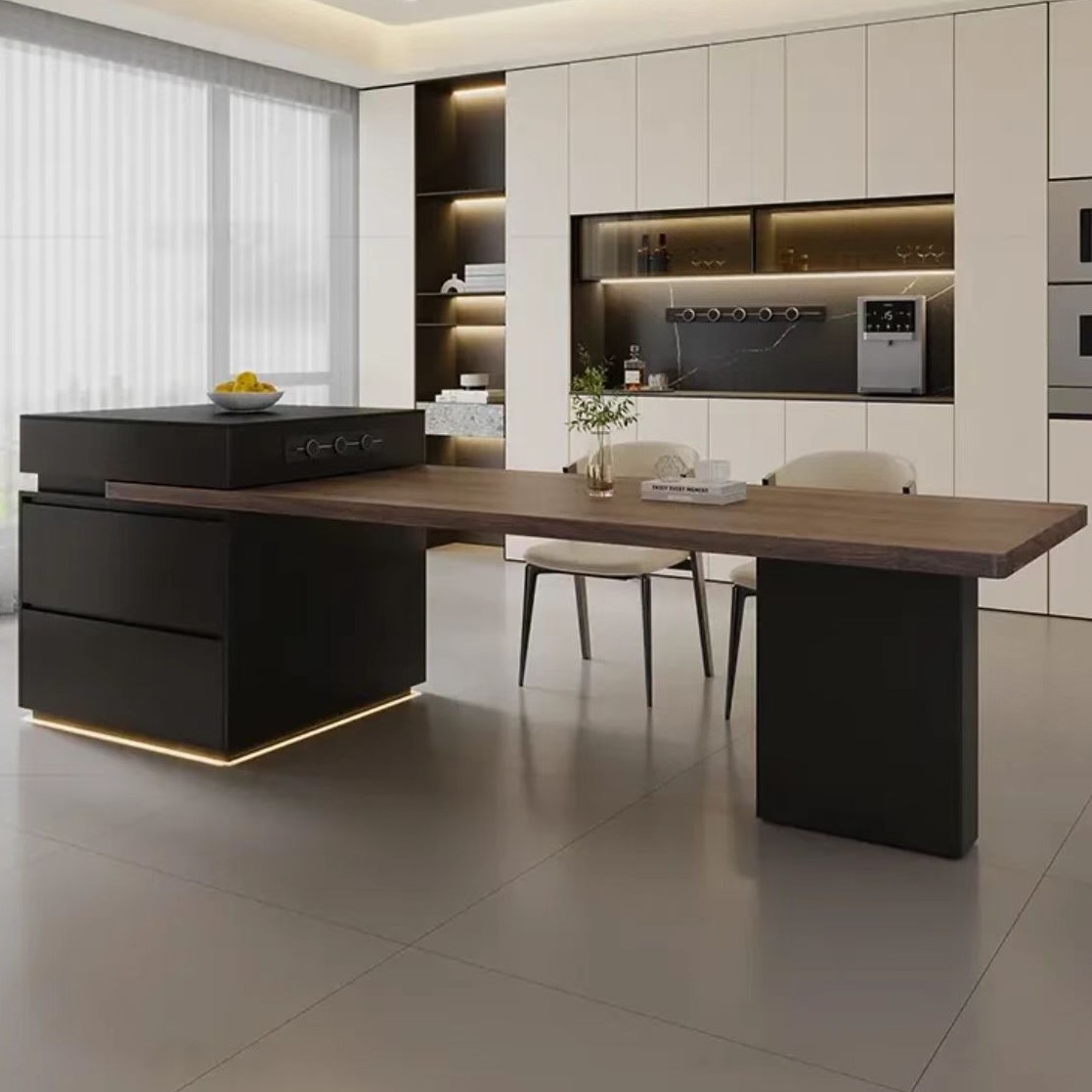 可伸缩意式意式多功能可推拉餐桌极简餐桌中古风岛台餐桌一体餐厅