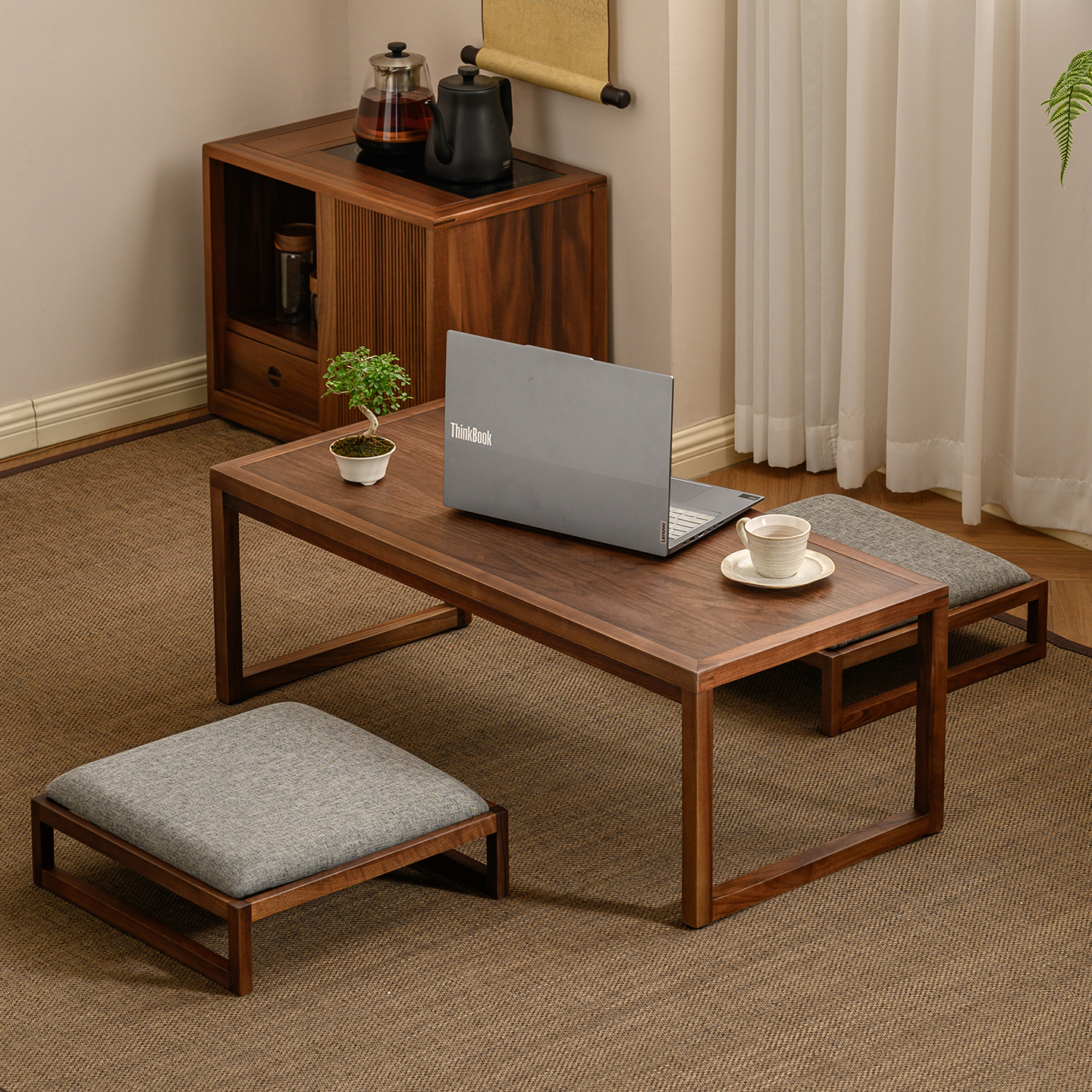 千木融黑胡桃木炕桌日式榻榻米茶桌飘窗小桌子阳台矮桌炕几地桌