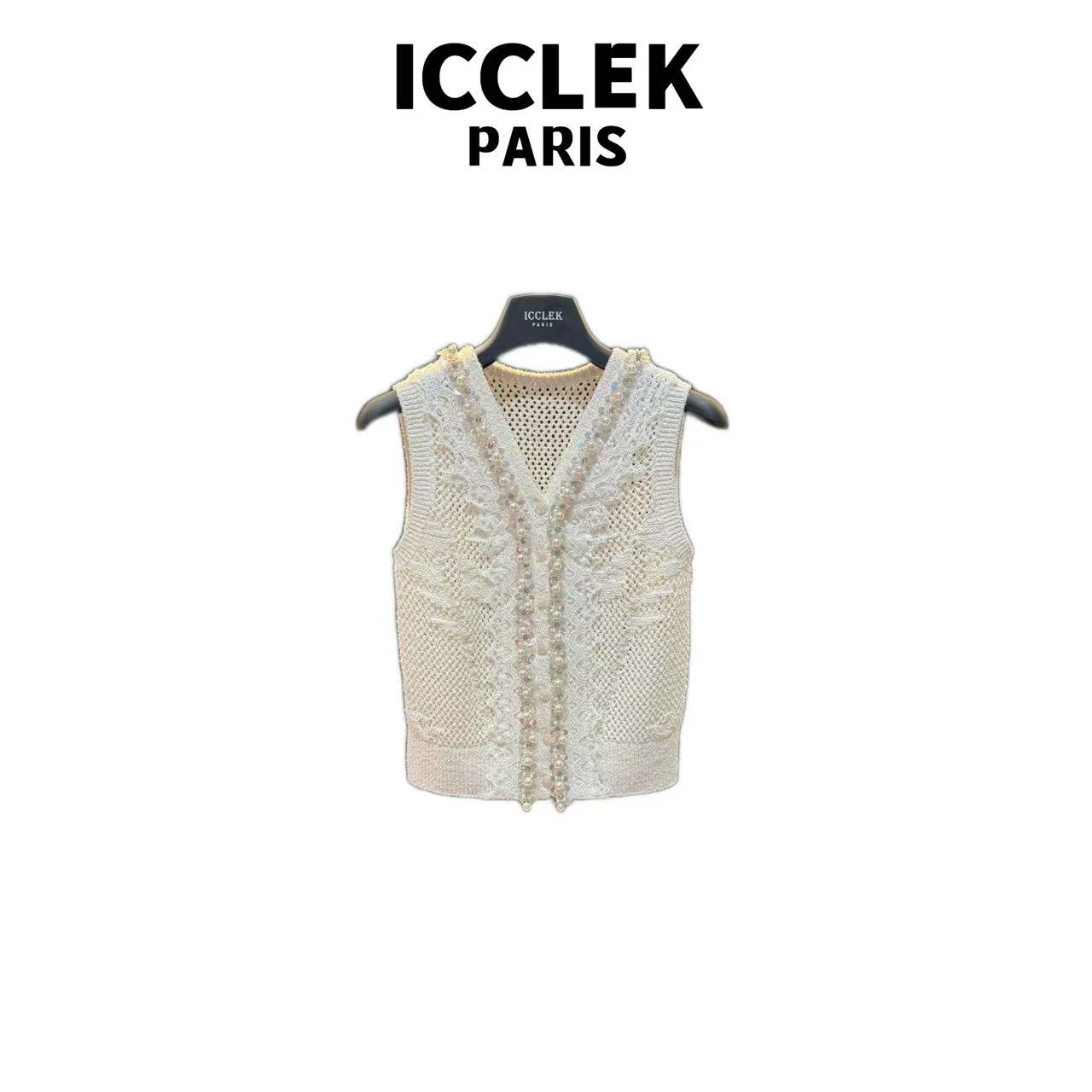 ICCLEK 白色V领钉珠无袖针织显瘦背心休闲百搭名媛气质上衣 -5788