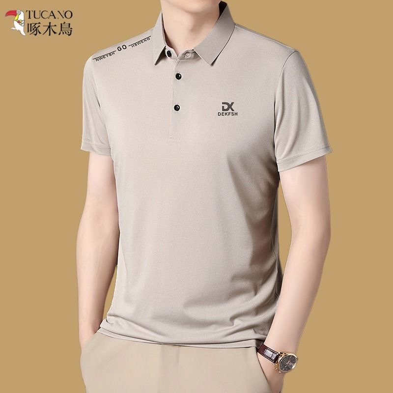 啄木鸟夏季高档新款短袖T恤男士翻领夏季中年上衣休闲百搭短袖