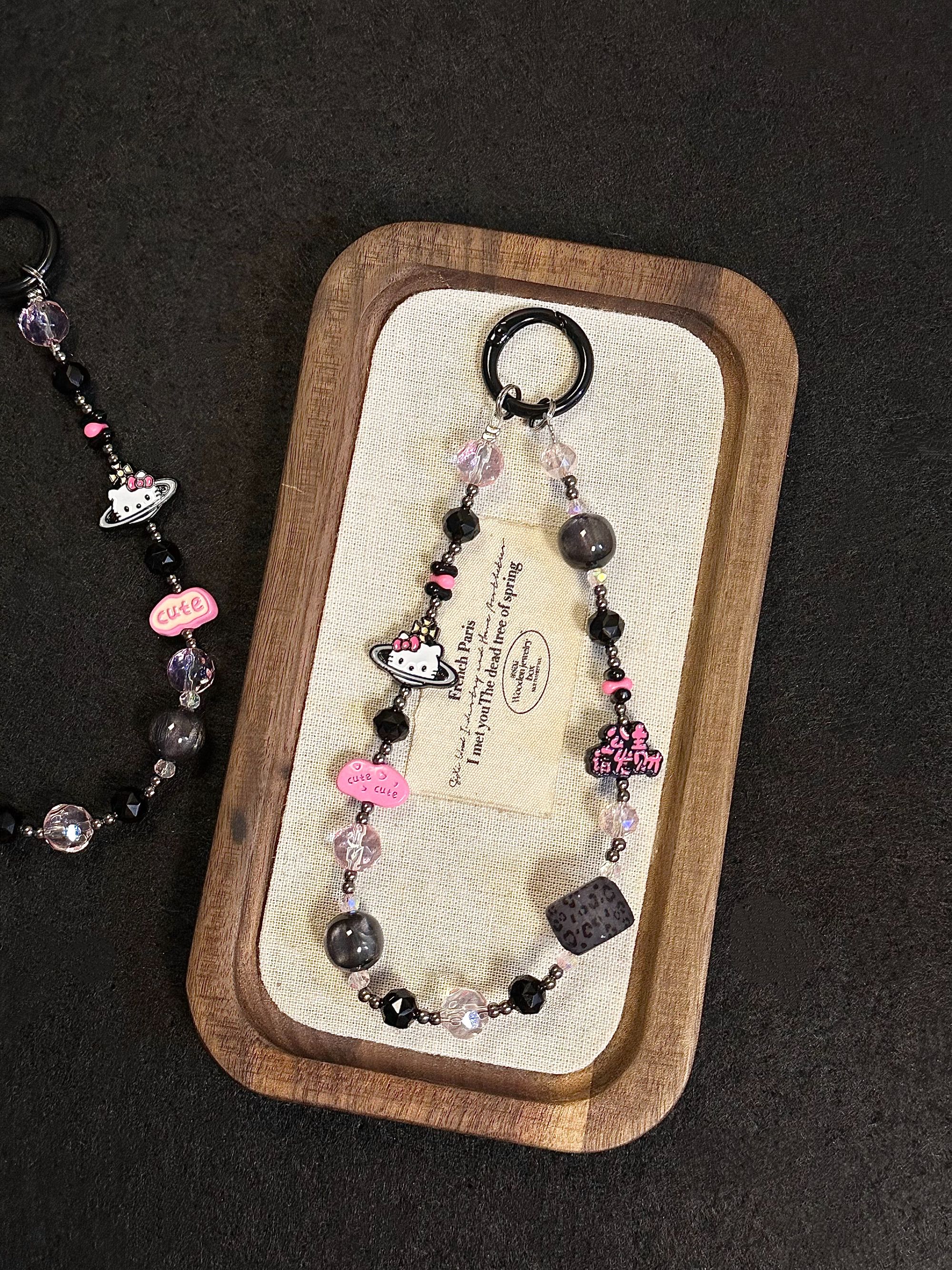 公主请发财手机链新款可爱手机壳挂绳黑粉甜酷彩色手机链包包挂饰