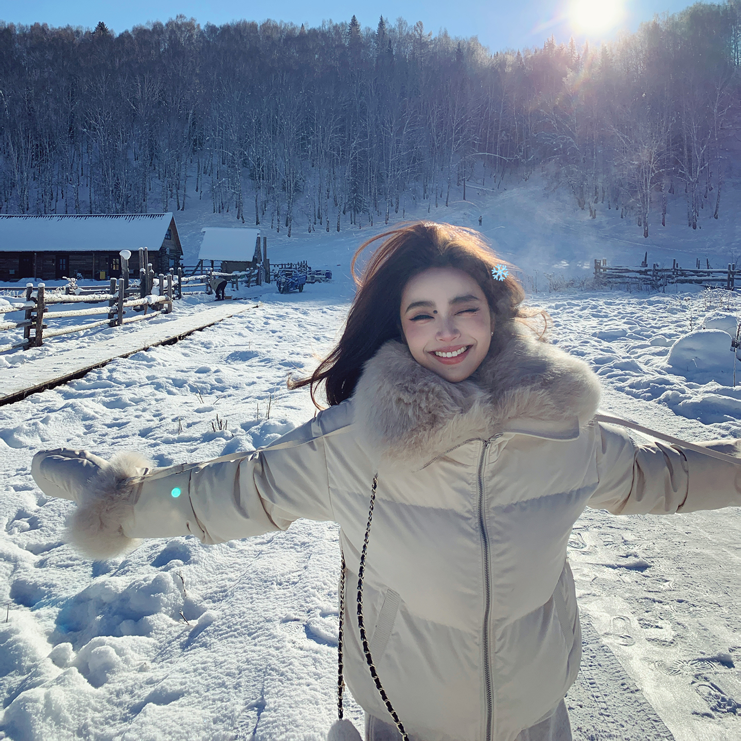 三星90白鹅绒+狐狸毛领+手套 短款-女装羽绒服