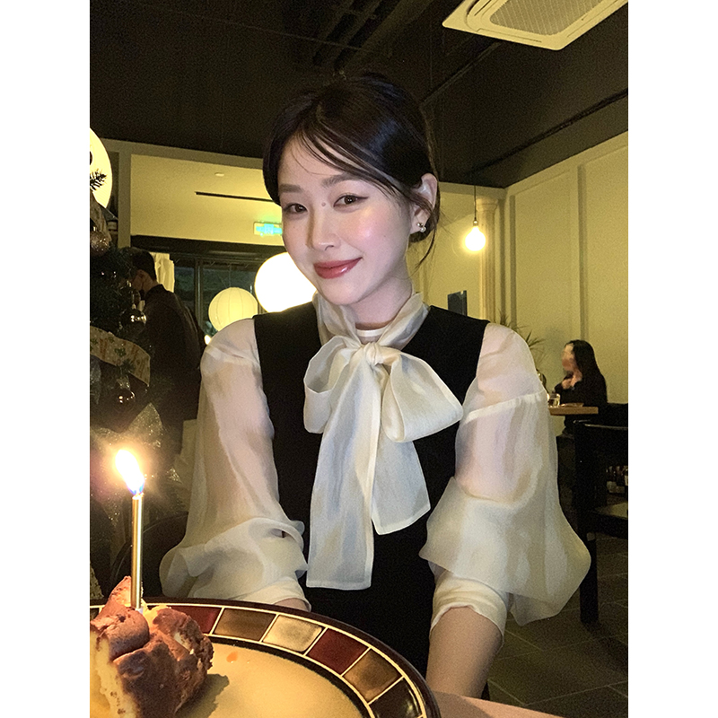 Miao【柔光叠影】韩版秋冬气质内搭叠穿时尚微透女士飘带衬衫百搭