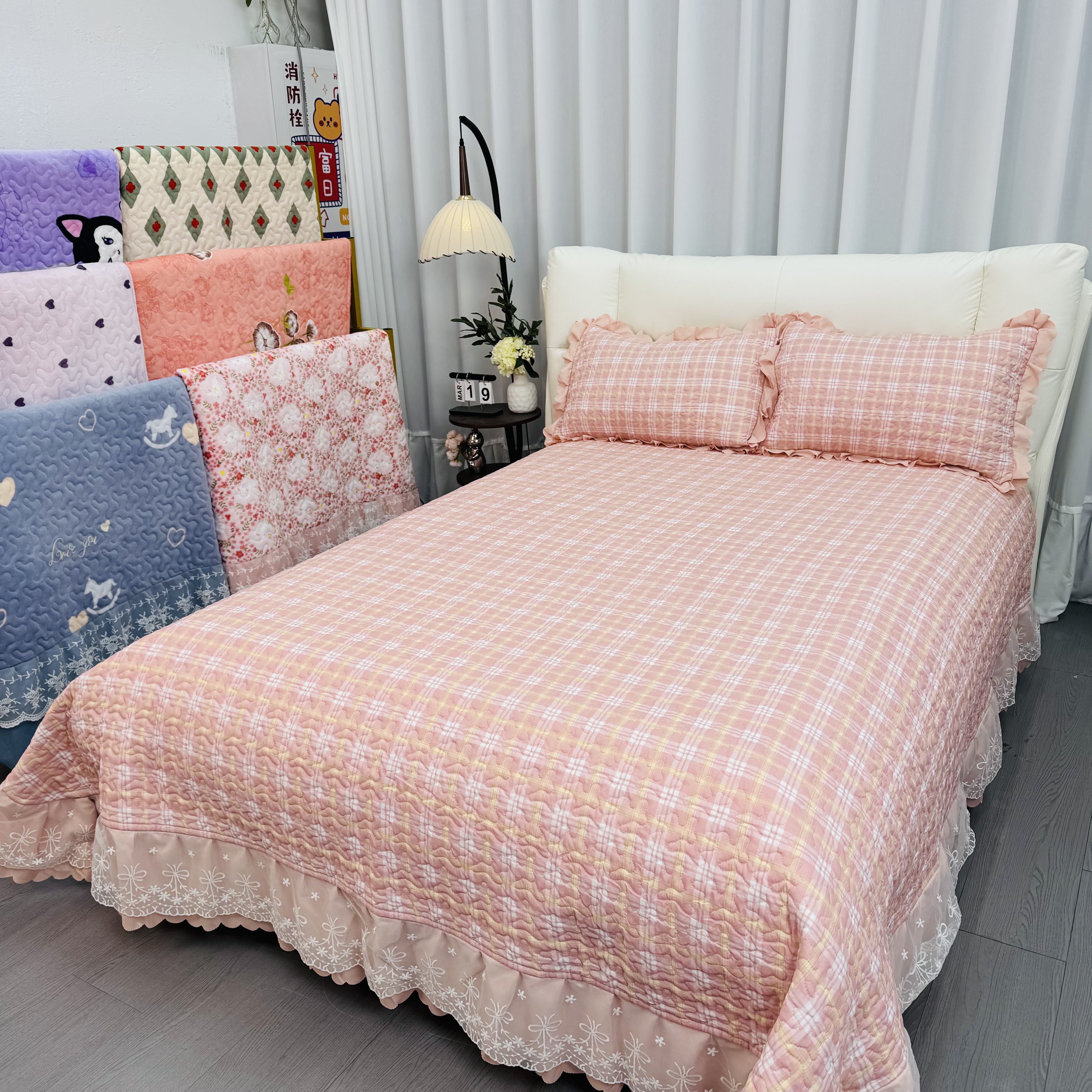 春夏新款泡泡纱床盖夹棉绗缝韩式蕾丝边四季通用可机洗水洗透气