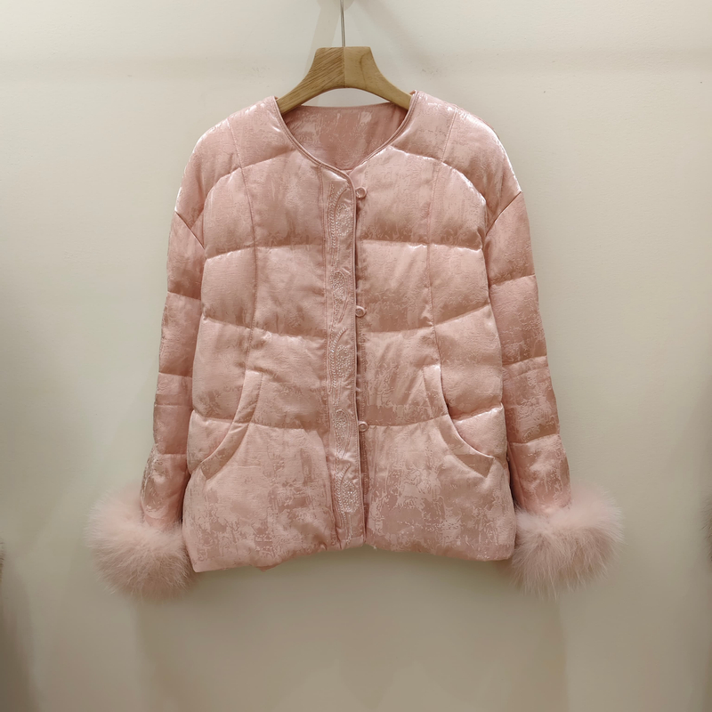 新中式提花可拆卸狐狸毛白鸭绒羽绒服女圆领宽松国风外套2025新品