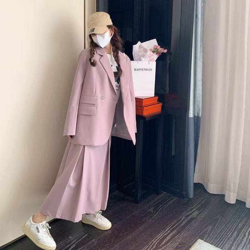 韩版西装春秋休闲西服小众宽松设计感气质百搭显瘦西服+半身裙