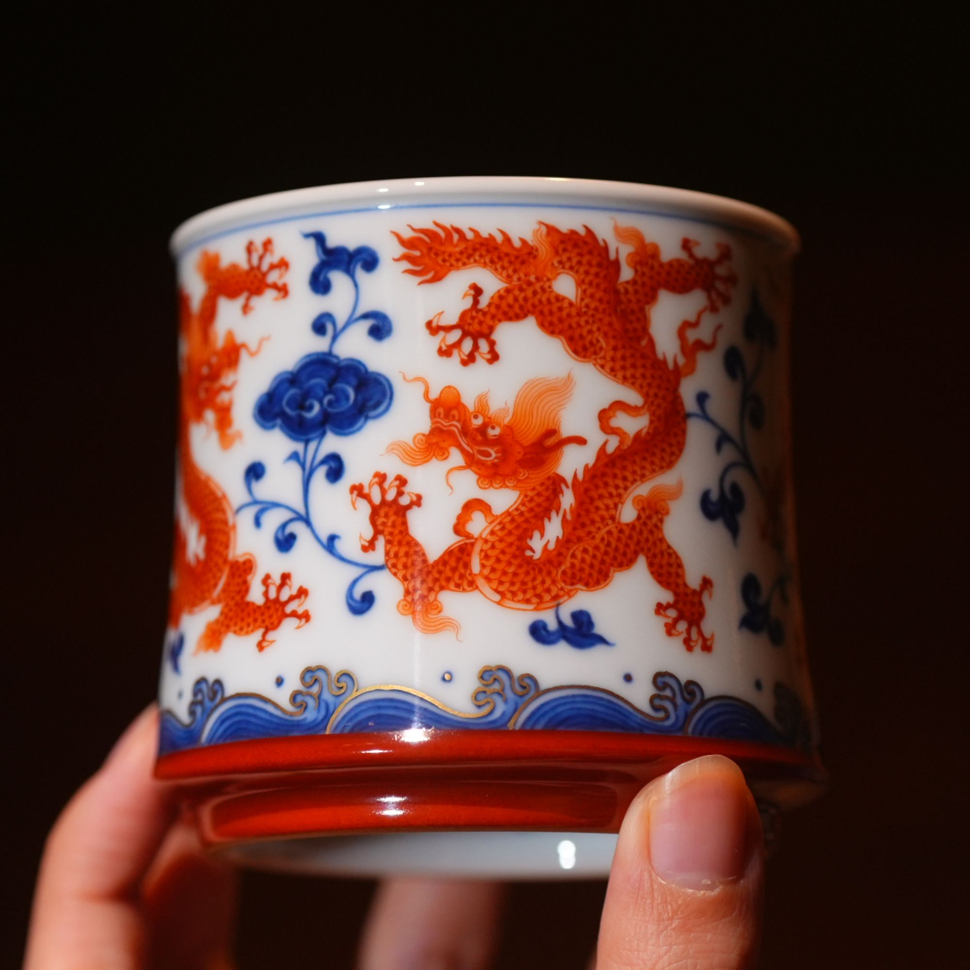 团窑青花矾红仿明五龙灵芝纹一统杯手工手绘陶瓷主人杯茶具威士忌