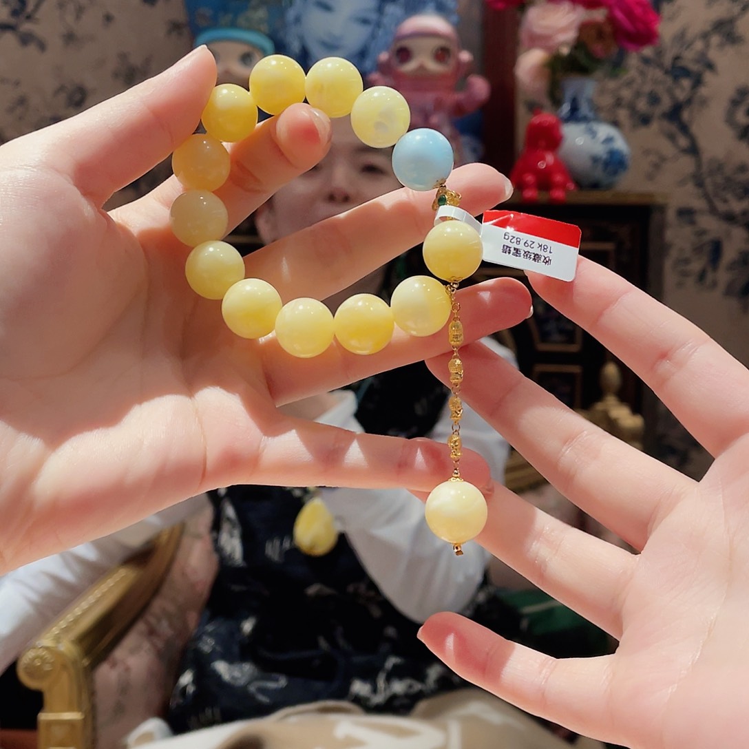 蜜蜡手串18K金镶嵌手串