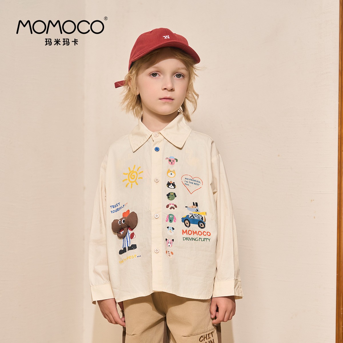 长袖春秋薄款娃娃衫夏季新款MOMOCO款春季男童潮流卡通动物衬衫