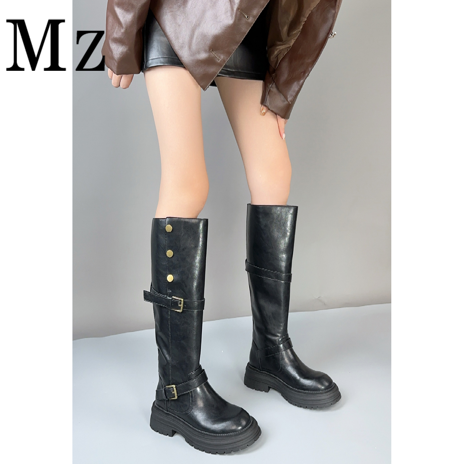  Mr.Zheng/2.5cm/真皮高筒靴不过膝长靴女皮带扣复古百搭骑士靴