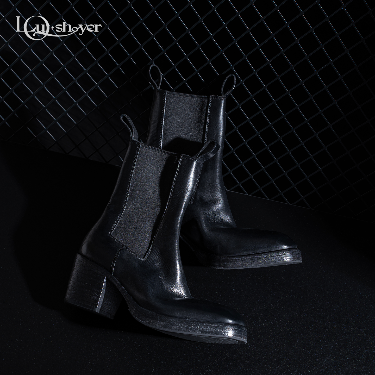 LOU SHOYER短靴女水洗马皮复古做旧时髦显瘦高跟防水台切尔西靴女