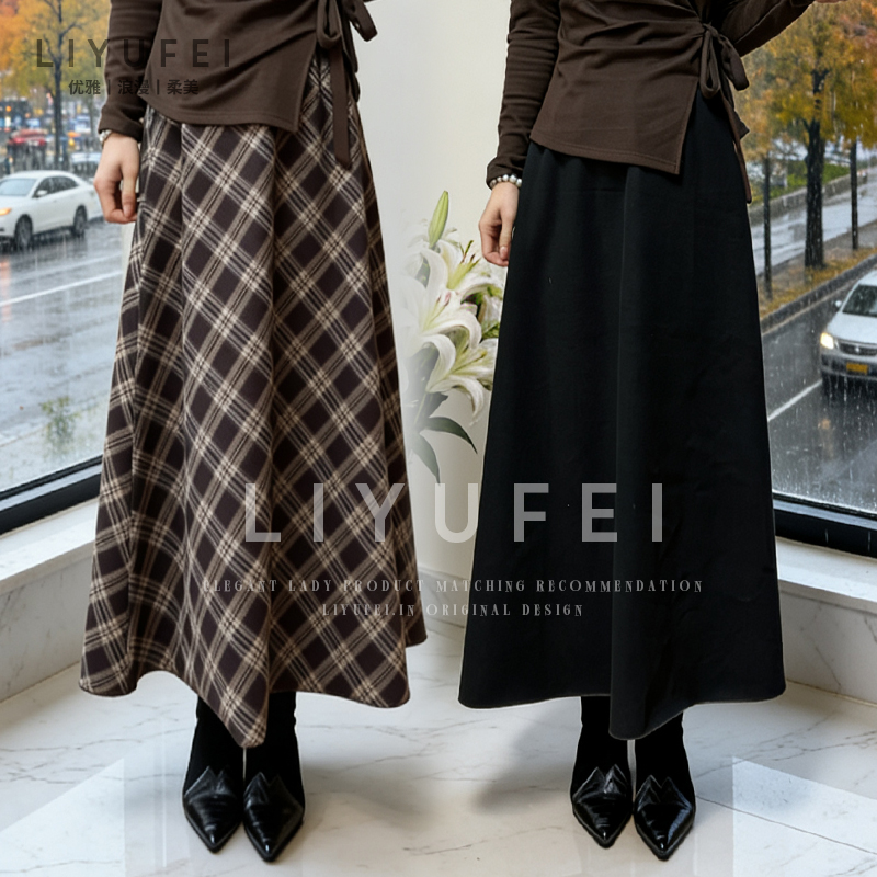 【正反两穿】咖色格子毛呢半身裙女2025秋冬新款高腰显瘦A字裙长裙