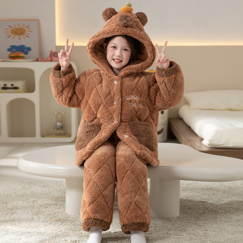 bejirog/北极绒女童冬季新品珊瑚绒三层夹棉亲子连帽睡衣外穿套装