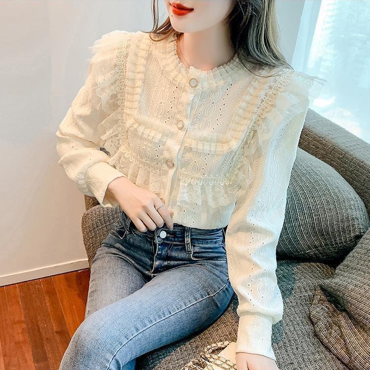 【当天发+运费险】韩版气质蕾丝花边圆领衬衫时尚镂空洋气衬衫LG357