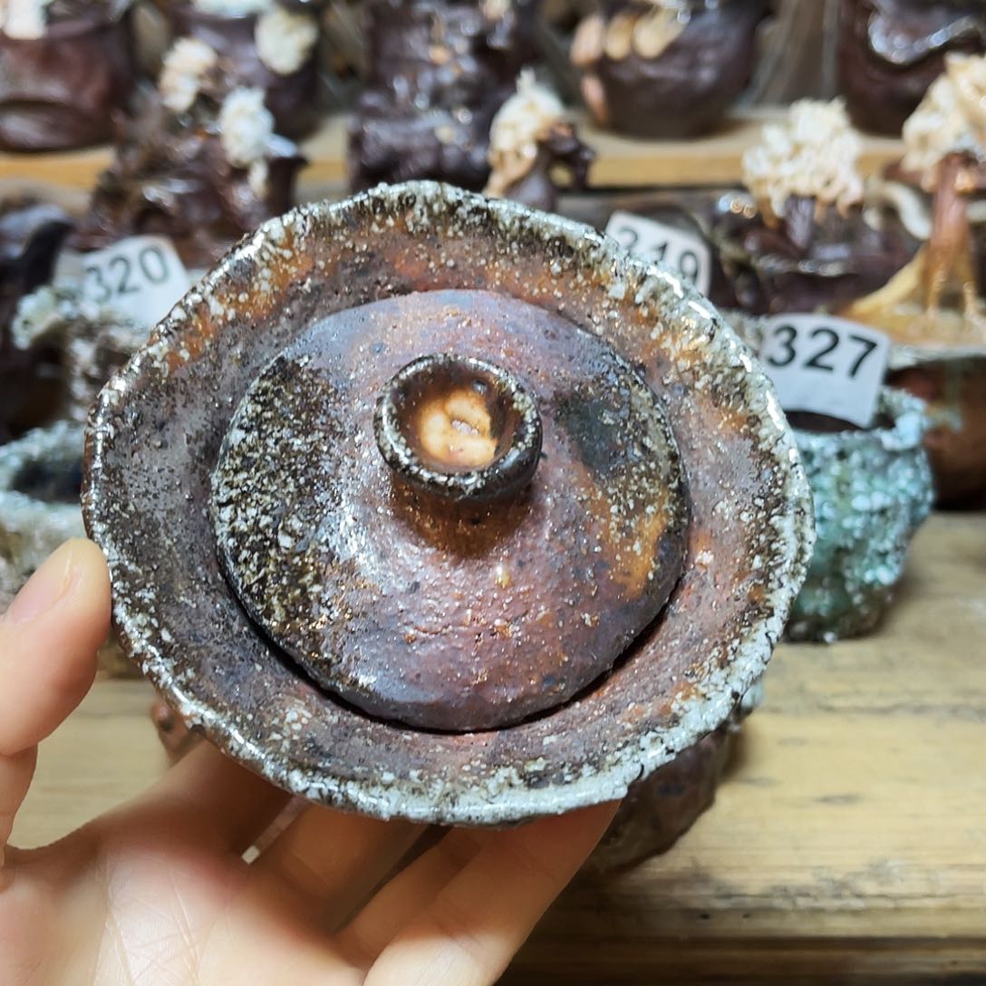 杯柴烧粗陶手捏盖碗