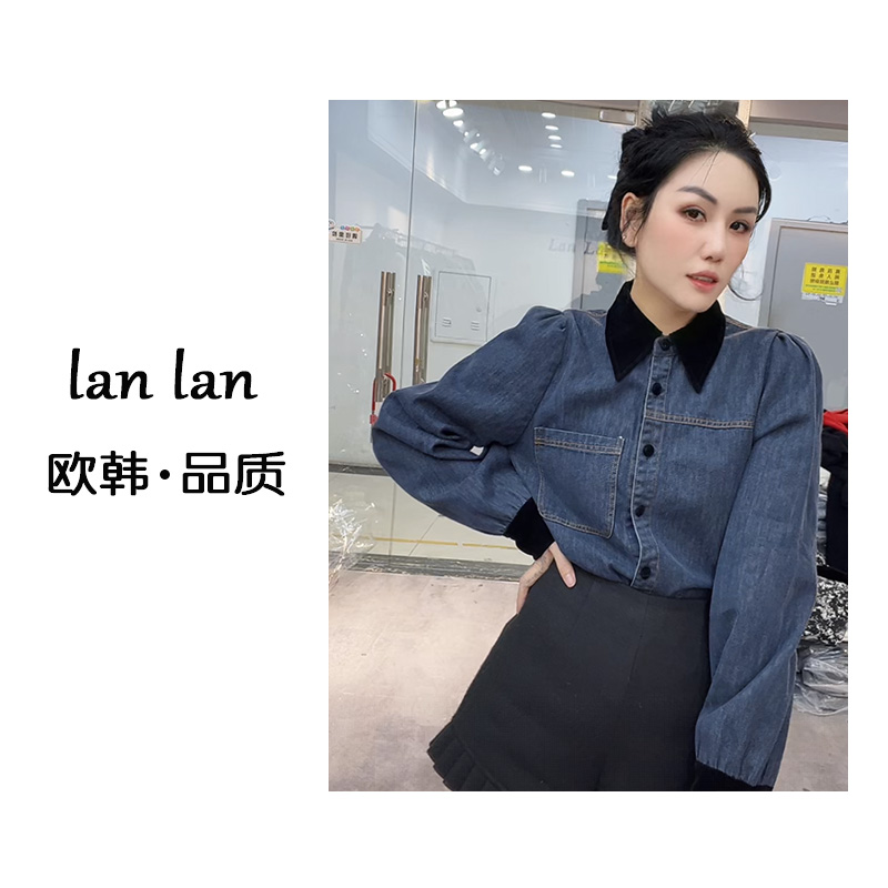 lanlan-春上新【有口袋丝绒领牛仔衬衣】8371韩版丝绒翻领牛仔衬衣