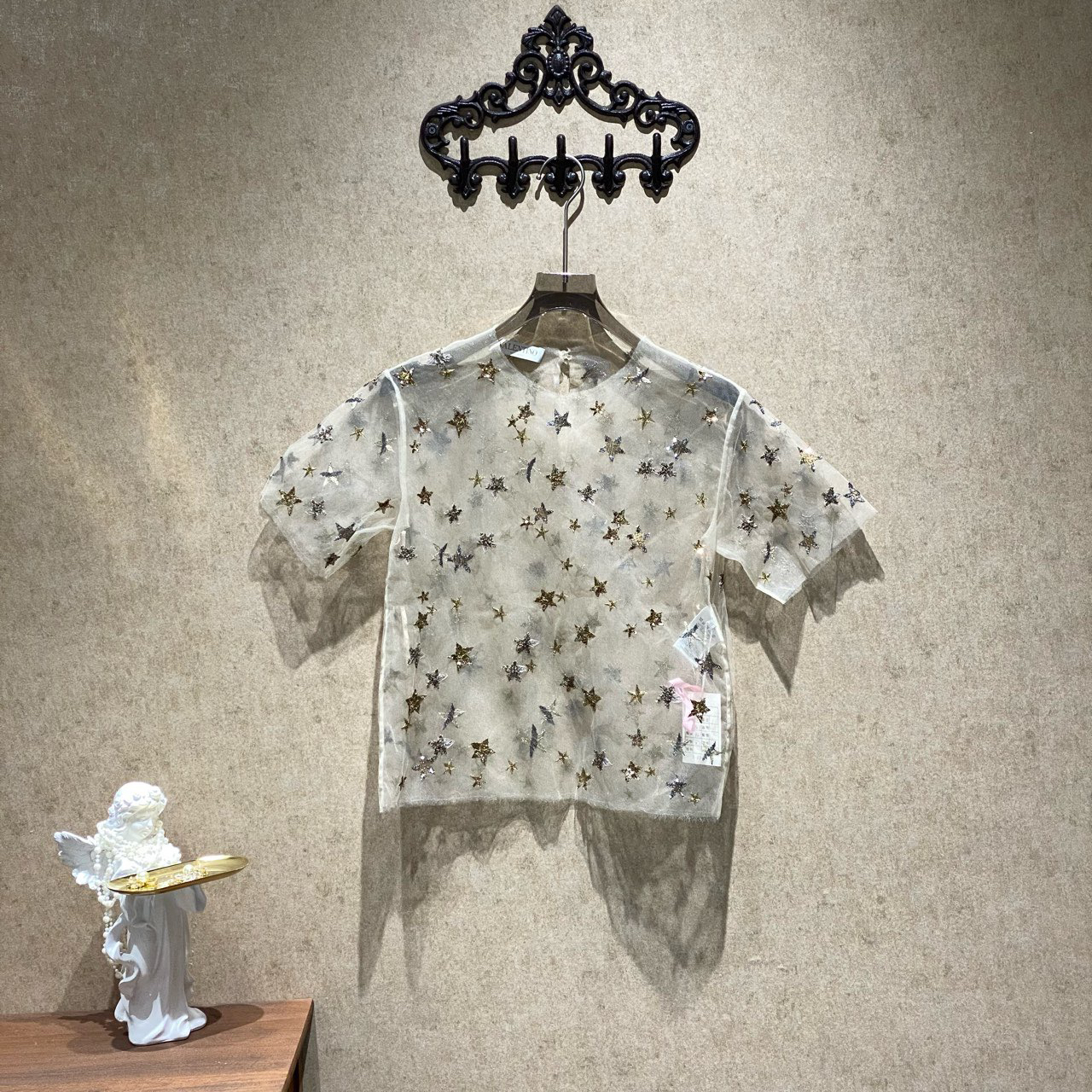 99新 Valentino/华伦天奴 刺绣亮片满星星网纱短袖/38码/31342