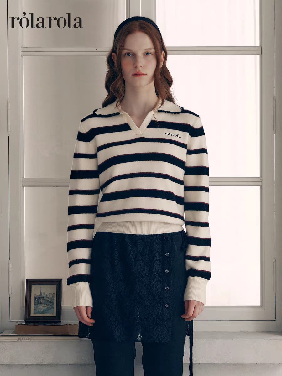 可可 元单 诺某拉学院风翻领 撞色条纹毛衣