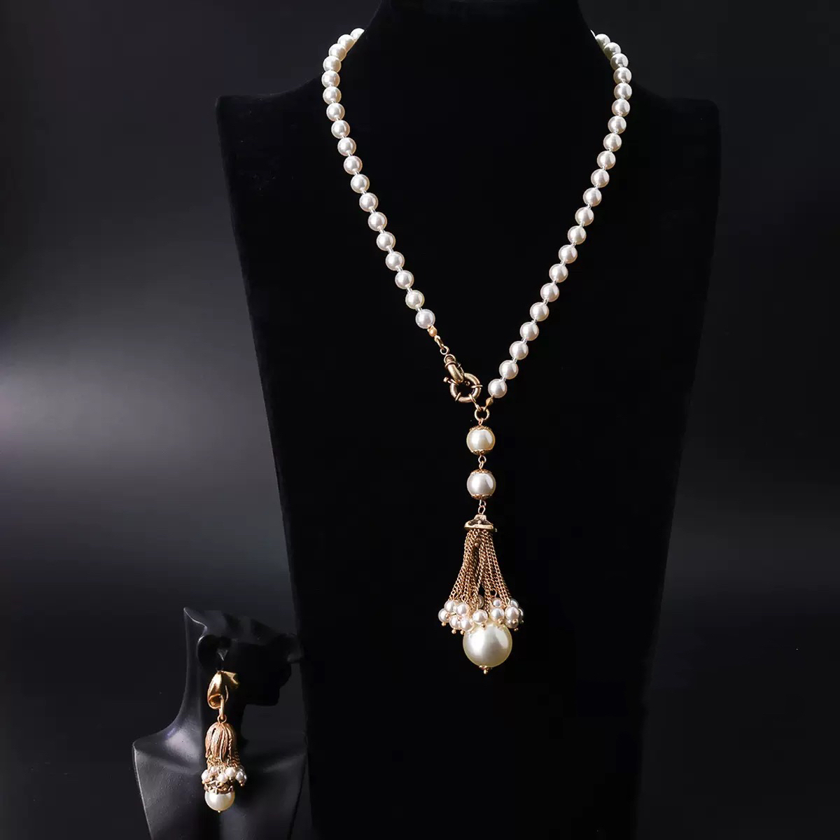 铜合金仿珍珠项链 项链耳饰套装中古重工vintage琉璃珍珠长款流苏