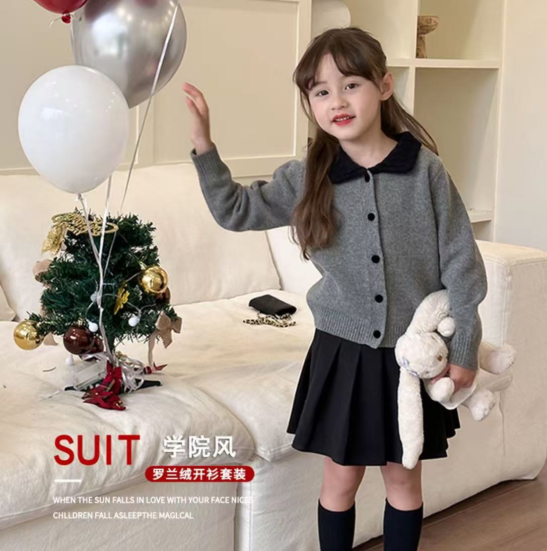 爆款女童韩版学院针织开衫毛衣春秋季宝宝洋气翻领上衣