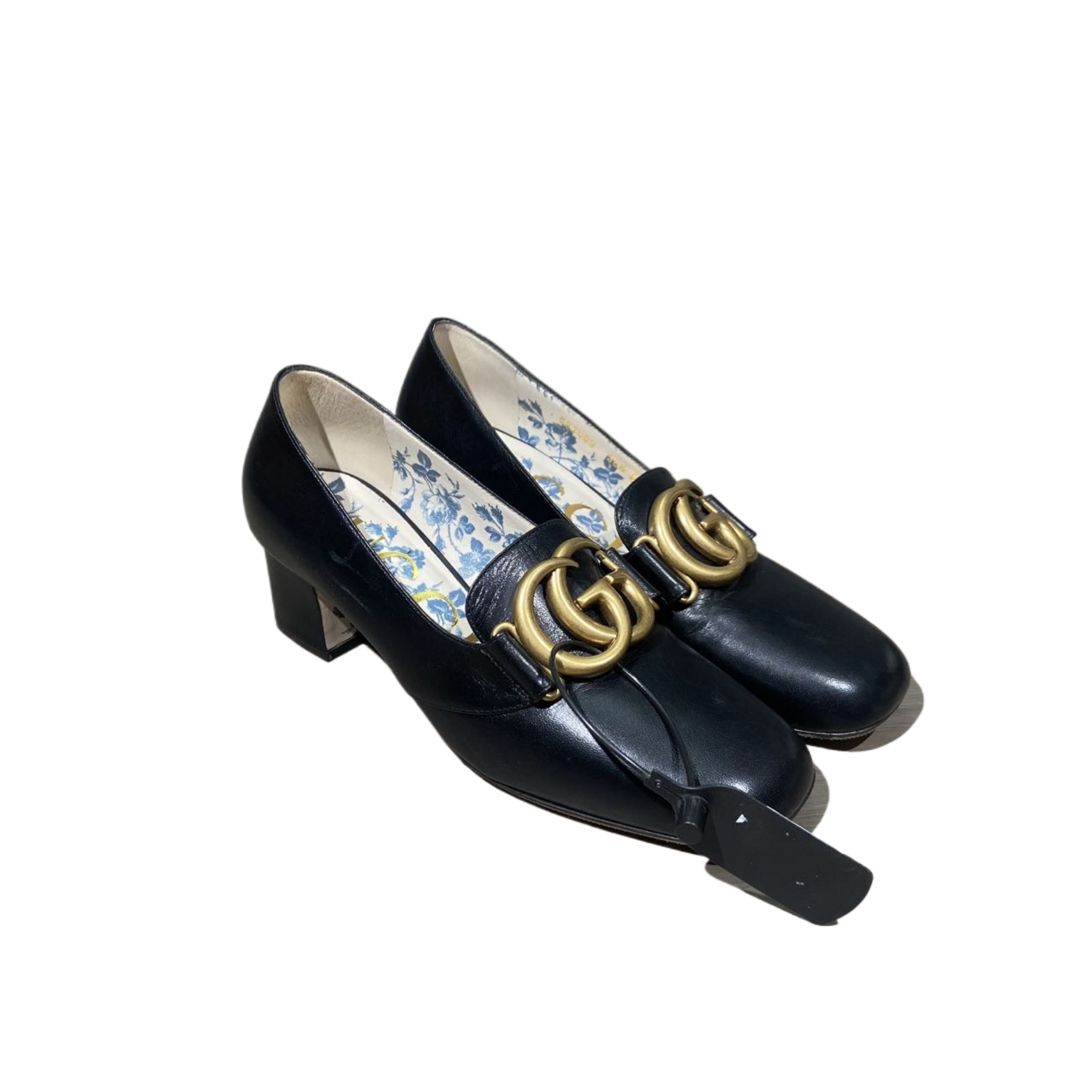 95新 GUCCI/古驰 36.5码 黑色双G金属扣粗跟鞋  re9198