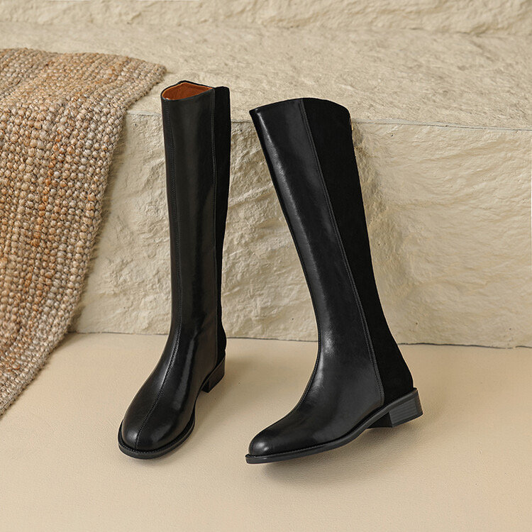 牛皮3.5公分秋冬复古长筒粗跟尖头骑士靴百搭不过膝真皮时尚长靴