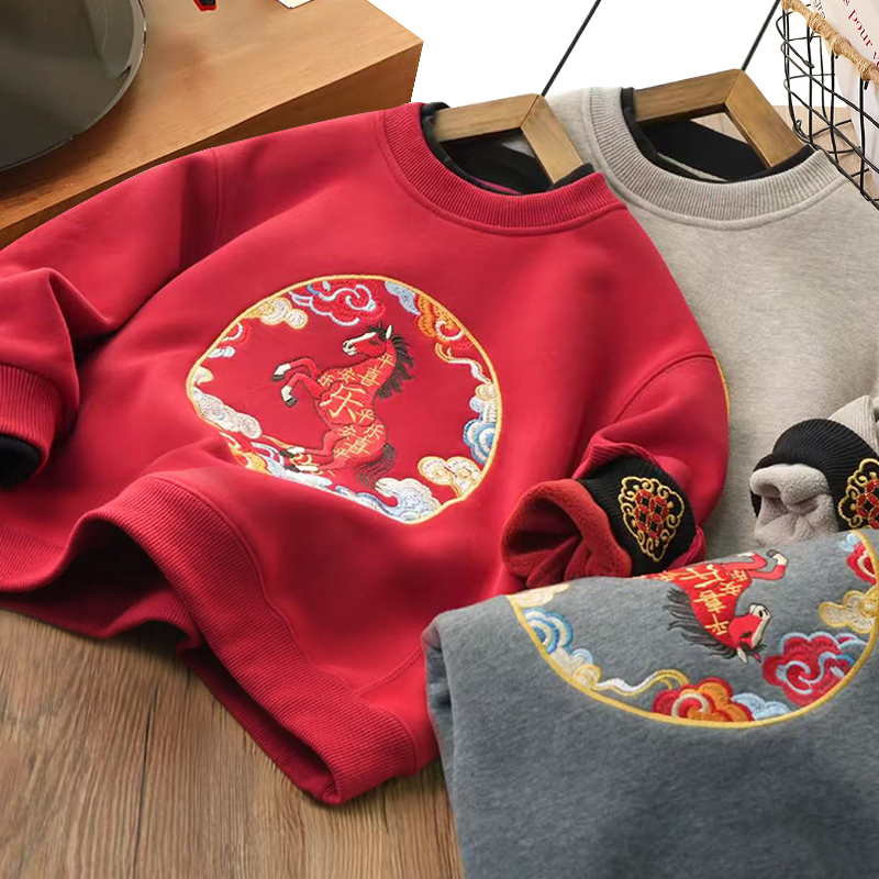 刺绣加绒儿童卫衣男童女童假两件加厚拜年服装2025年款衣服25231
