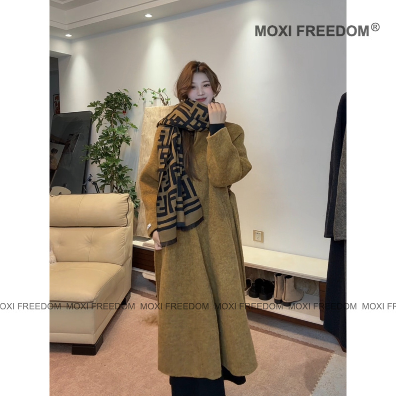 【缪斯之语】高品质羊绒腰带款休闲中长款双面羊绒毛大衣外套