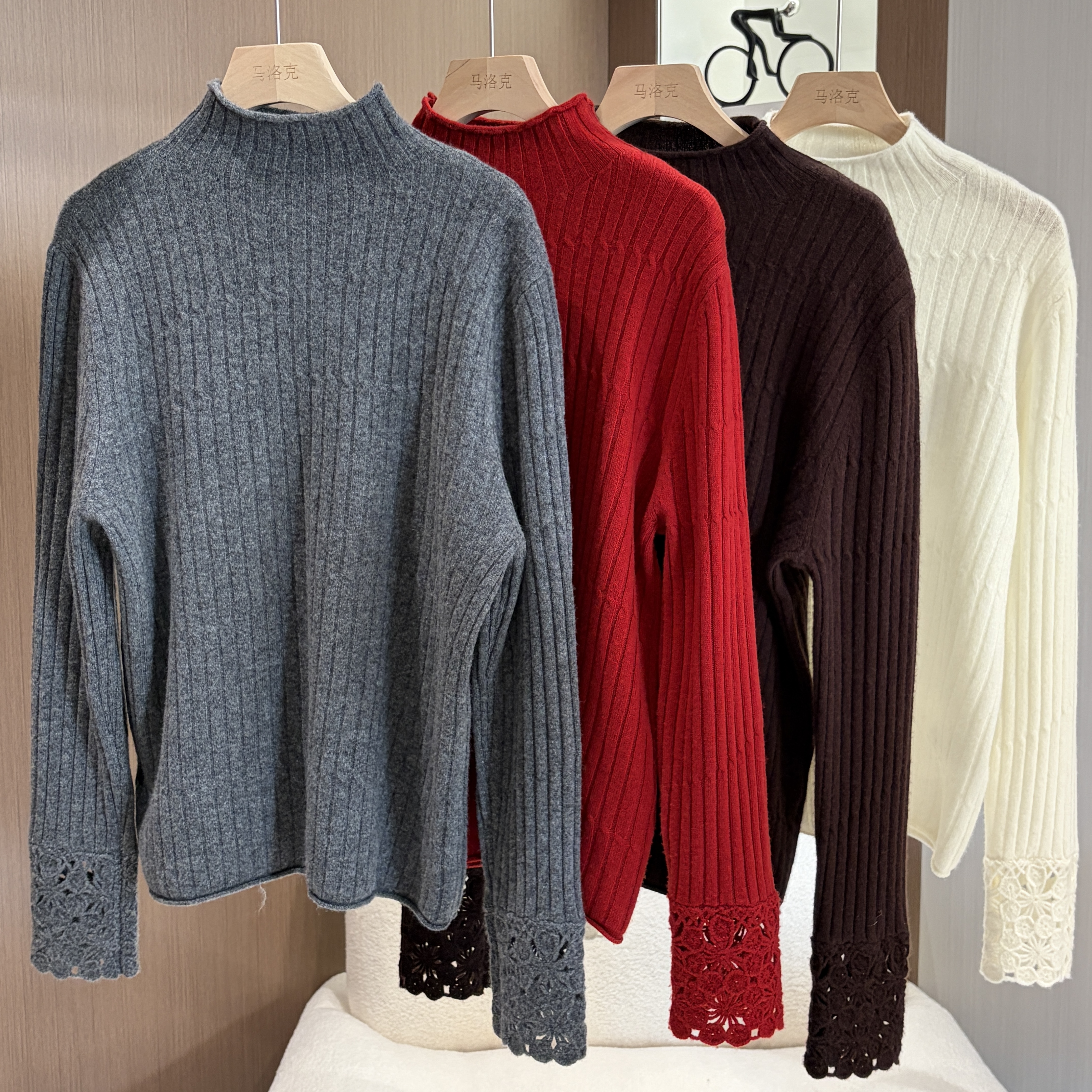 Y.JING 秋冬落肩袖上衣长袖衫钩花百搭半高领常规羊毛衫50017