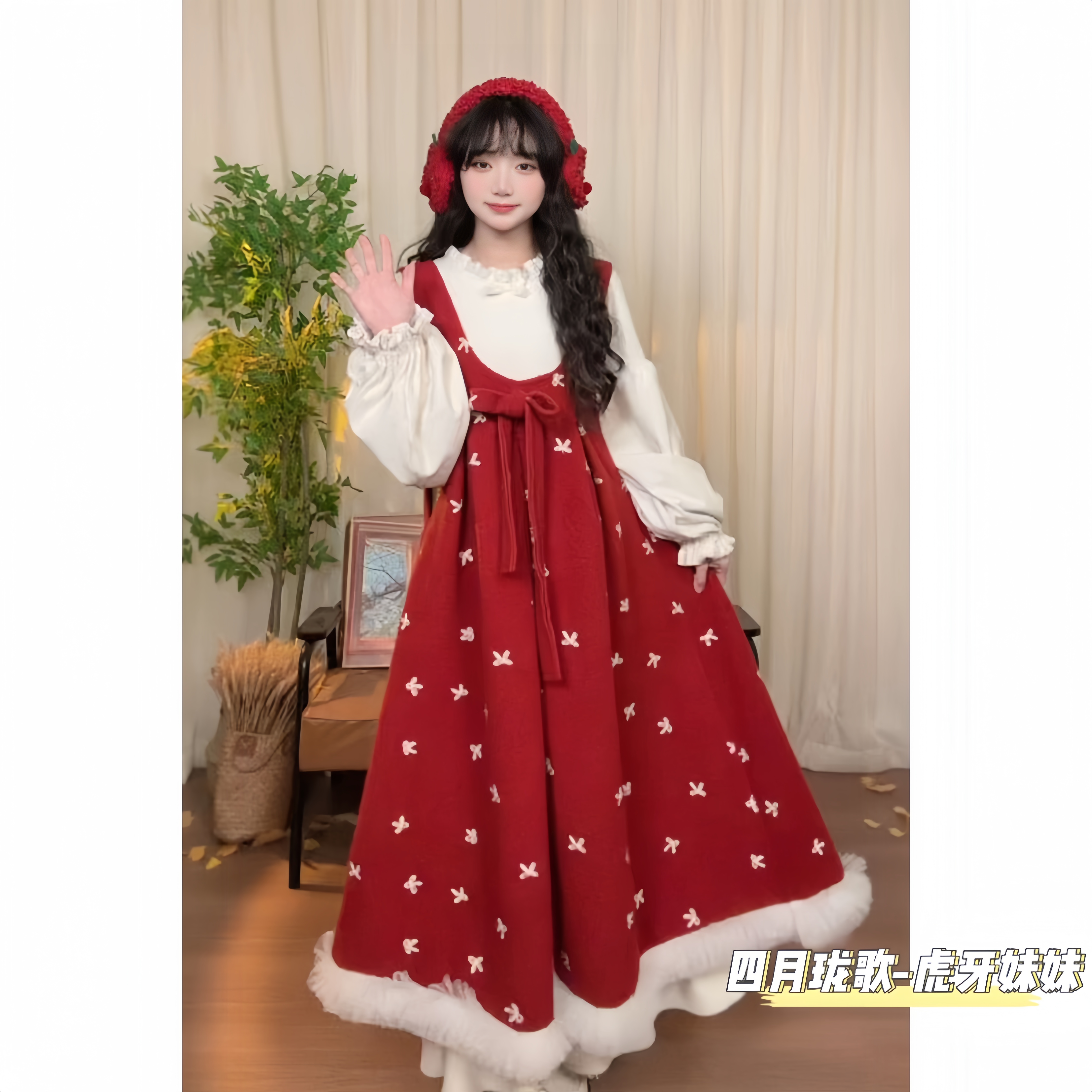 四月珑歌 红色蝴蝶结连衣裙法式少女感圣诞跨年春节必备战袍4520