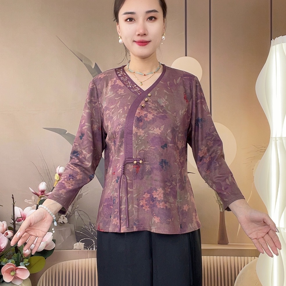 秋季V领斜襟气质宽松型中老年女装改良旗袍上衣