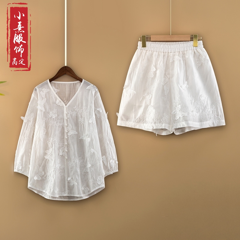 【蝶汐】夏季2025新款新中式国风套装女装宽松刺绣上衣+短裤两件套
