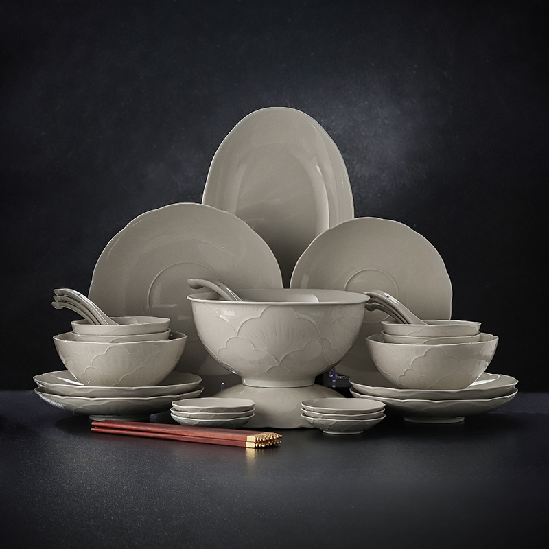 景德镇无铅陶瓷乔迁新居中式吃饭碗盘子餐具套装全套国色天香灰陶