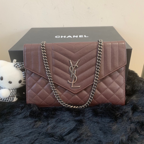 95新 YSL/圣罗兰 YSL圣罗兰 酒红色鱼子酱菱格信封链条包