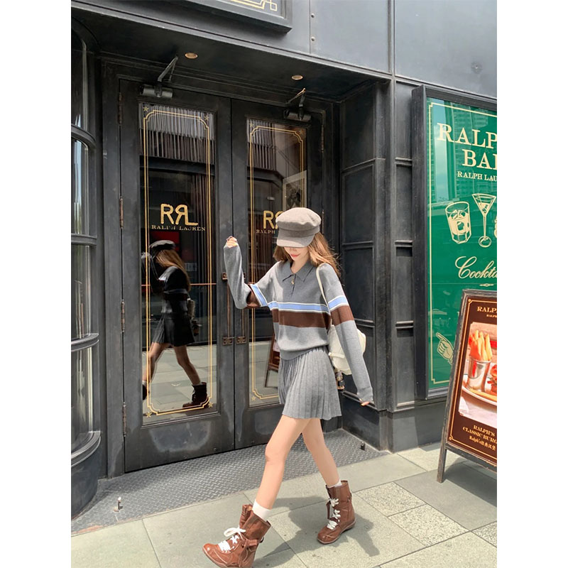 秋冬学院风时尚套装设计感小众拼接polo领长袖上衣高腰a字半身裙