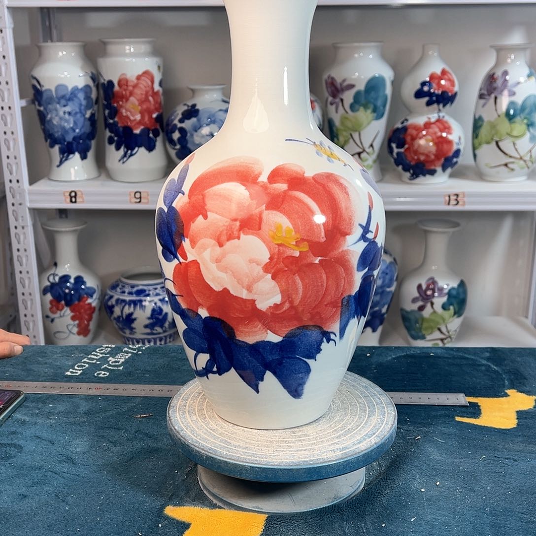 摆件景德镇陶瓷棒红牡花