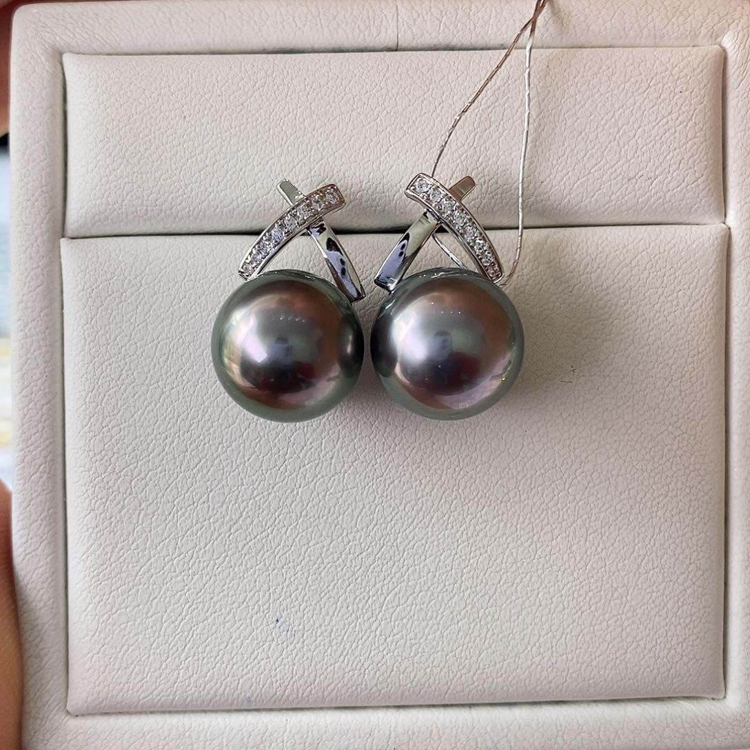海水珍珠耳饰银S925镶嵌大溪地12-13m m