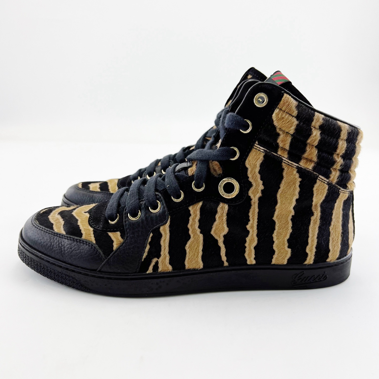 95新 GUCCI/古驰 39码/拼色豹纹高帮系带板鞋/16184778
