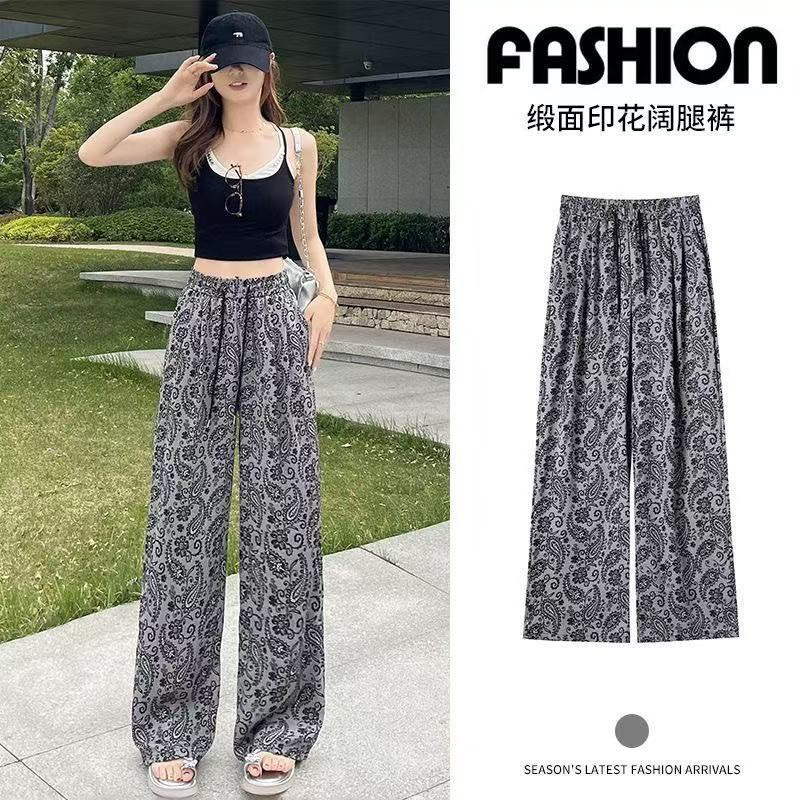 夏季轻薄凉感高腰复古印花腰果花透气宽松显瘦直筒休闲阔腿裤