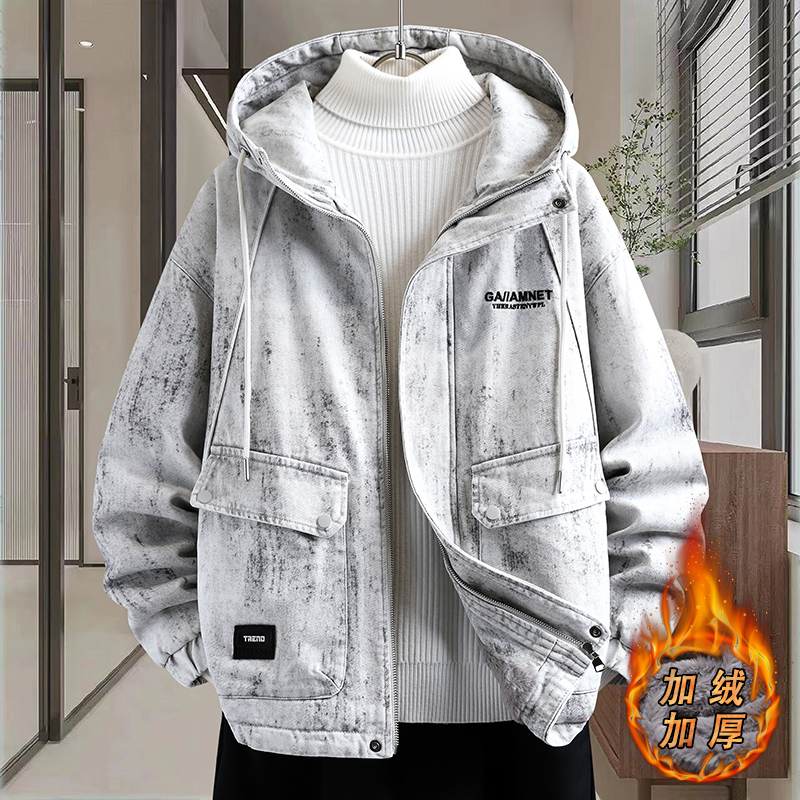 双11冬季纯棉青少年加绒加厚连帽外套百搭保暖帅气学生牛杂夹克男