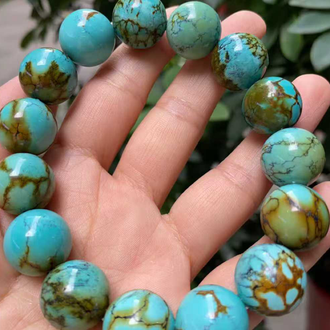 原矿绿松石春带彩圆珠手串手链尺寸16.2mm重85.5克