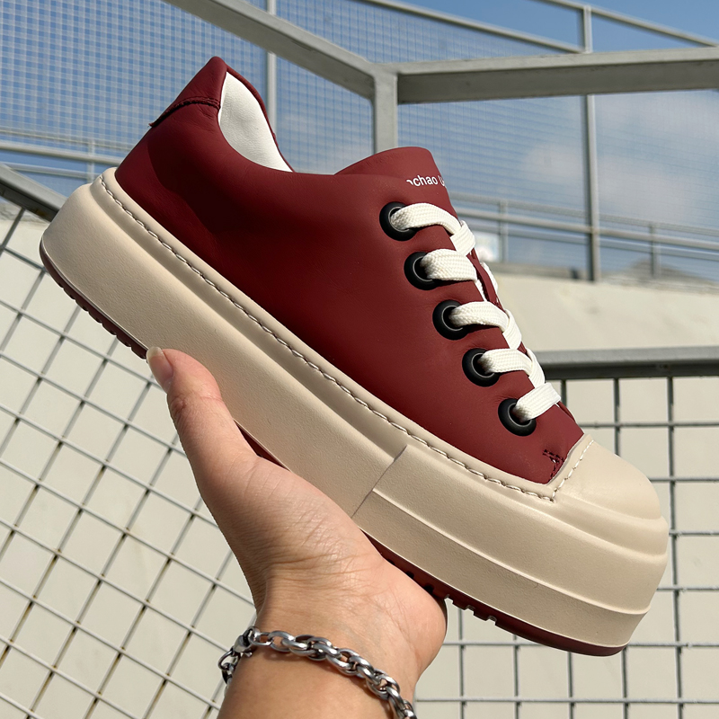 2025春季新款韩版百搭安哥拉红软牛皮轻便厚底青年低帮系带休闲鞋