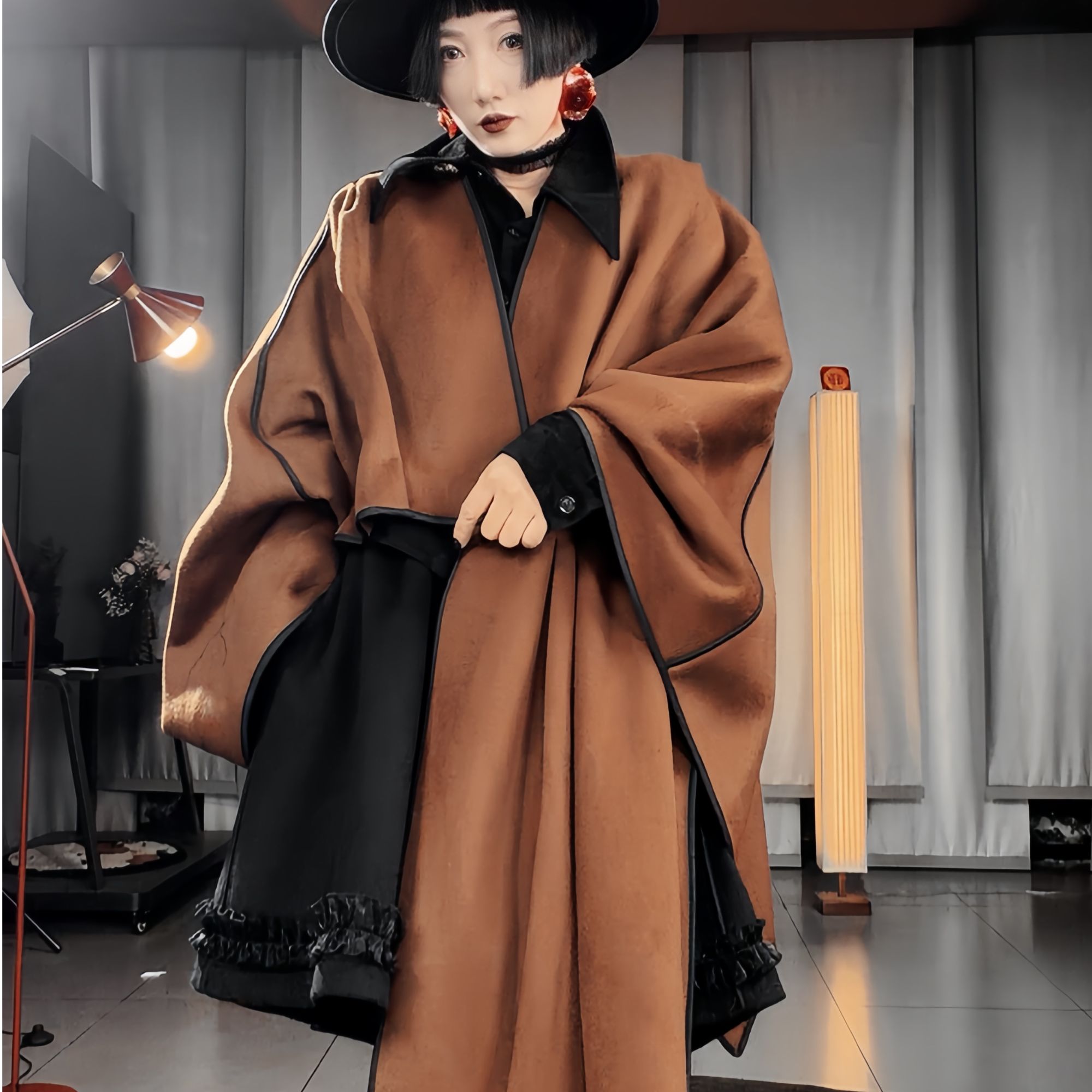 秋冬小众设计长短不对称羊绒大衣女街头风时尚宽松百搭毛呢厚外套