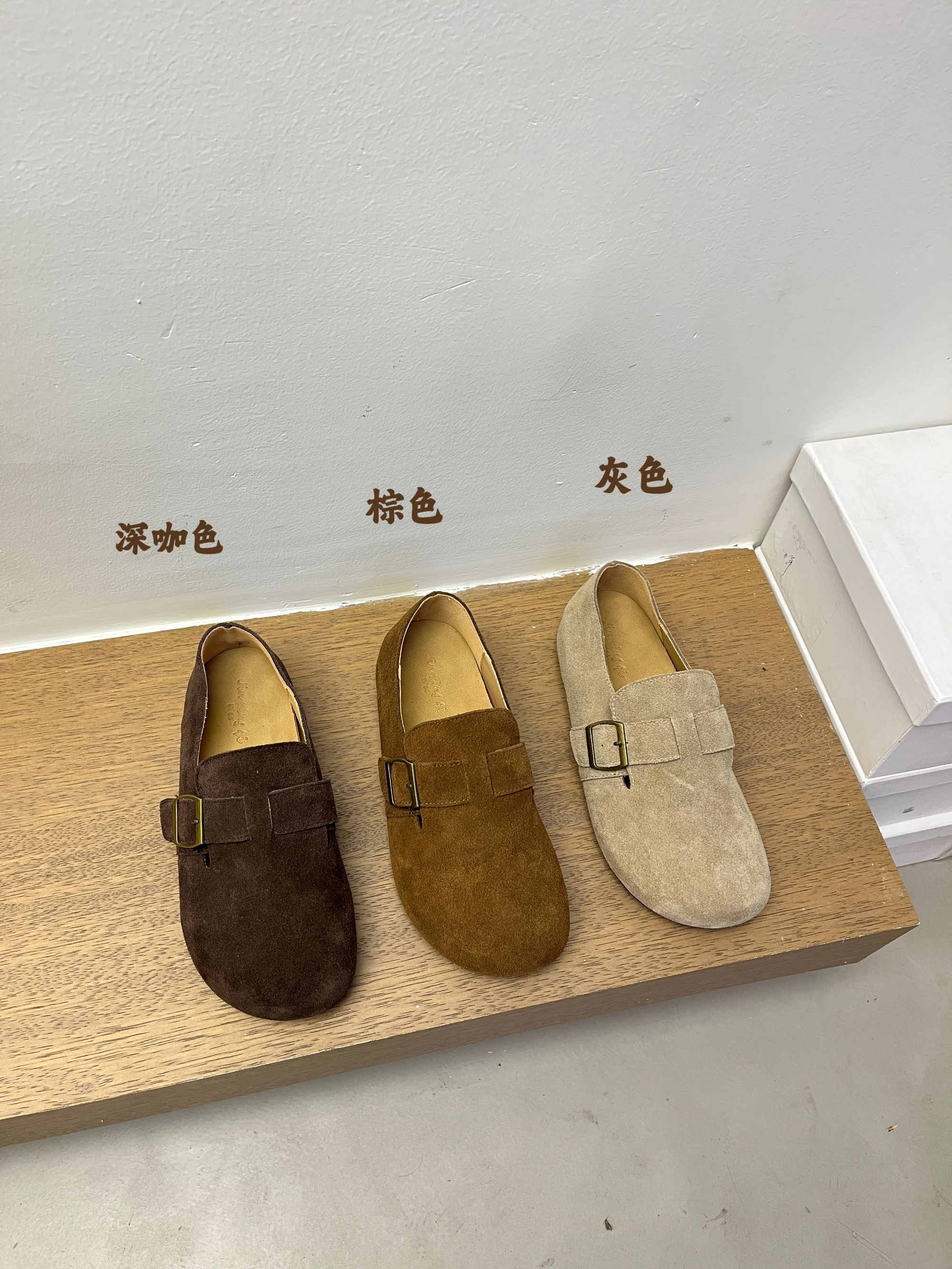 7580-13（头层牛皮）低跟秋季纯色磨砂皮豆豆鞋方头软底单鞋休闲